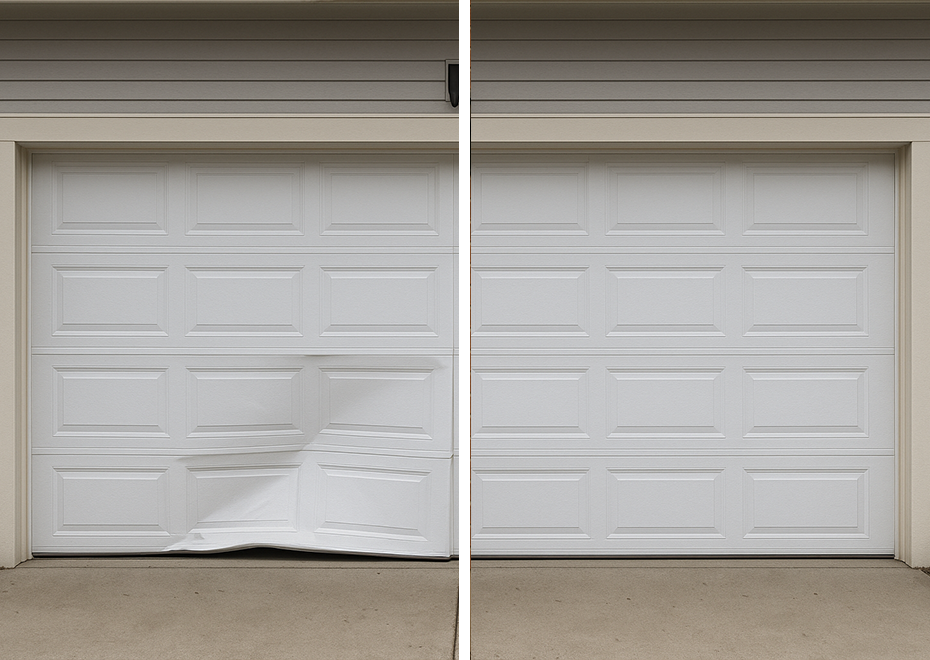 Before: Dented panels – After: Clean, fixed door