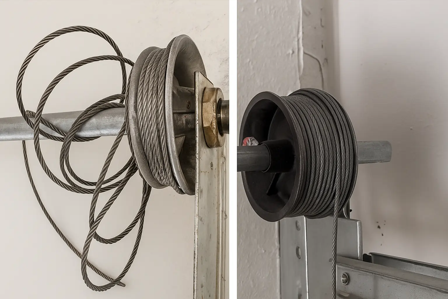 Frayed and replaced garage cable side by side