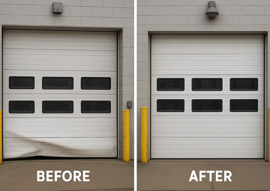 Before and after of repaired white commercial garage door