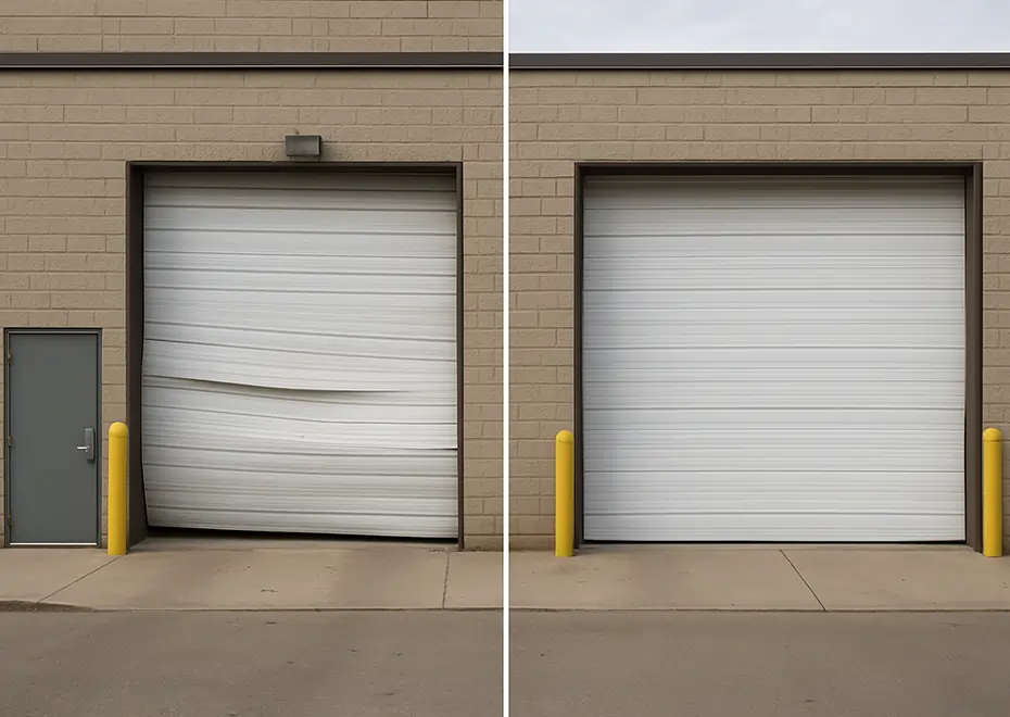 Side-by-side view of damaged and repaired commercial garage door on an industrial building