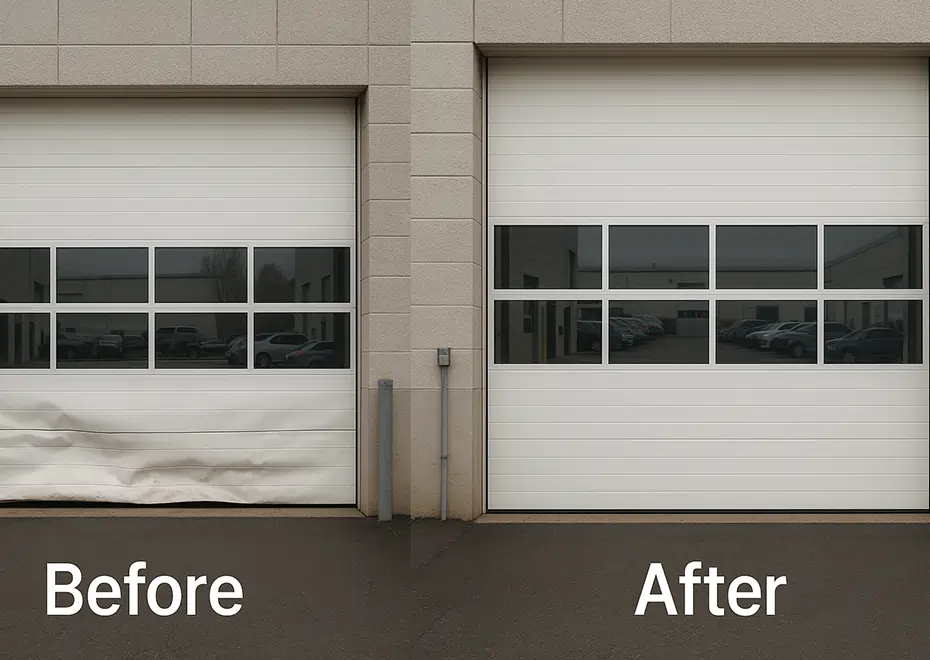 Side-by-side view of damaged and repaired commercial garage doors on a business building