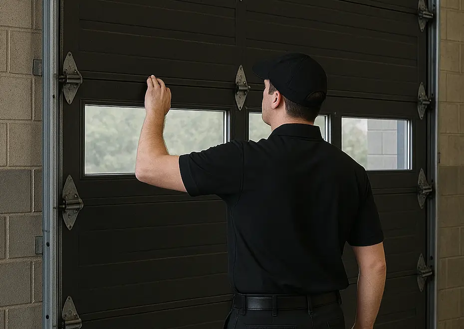 Technician inspecting sectional garage door