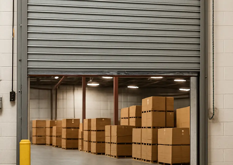 Industrial rolling steel door partially open in warehouse