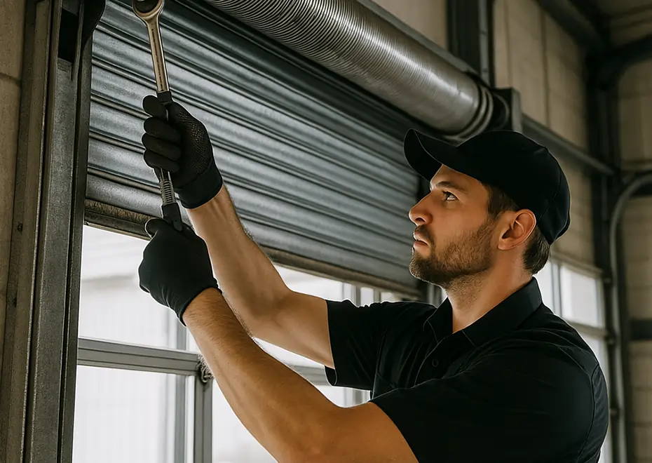 Commercial Technician Repairing Rolling Steel Garage Door Spring