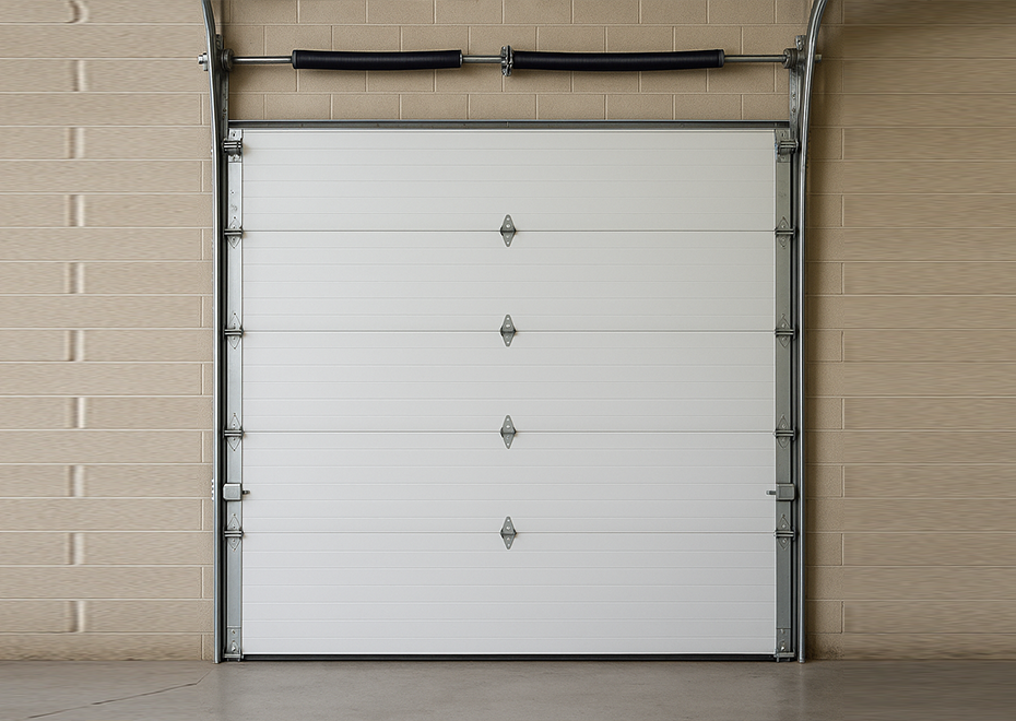 White sectional commercial garage door with torsion spring and steel tracks inside industrial space