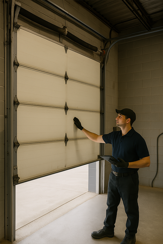 Technician inspecting commercial garage door system in a warehouse facility in Plano, TX