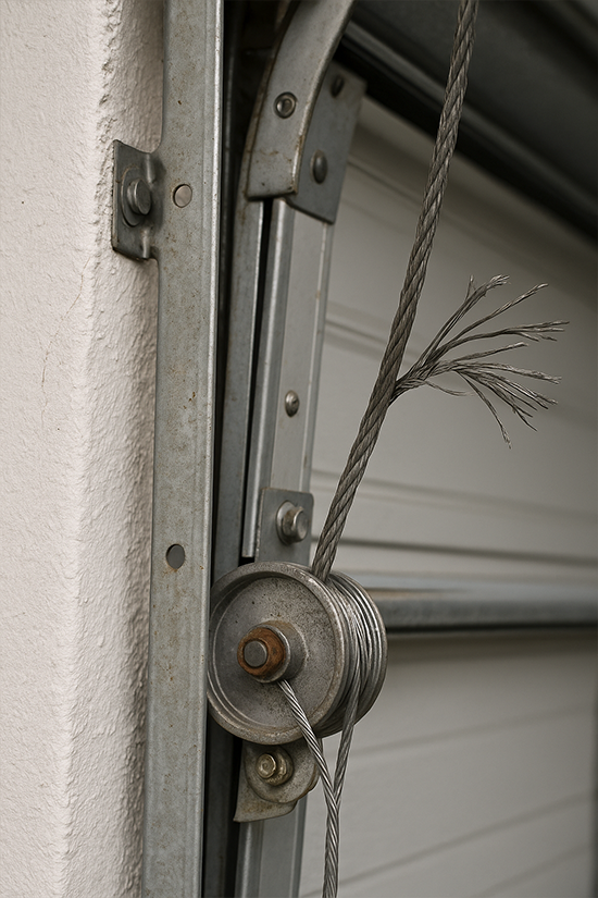 Frayed garage door cable close-up