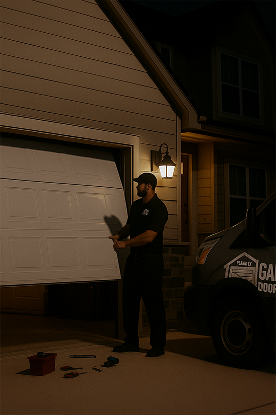 Emergency garage door repair technician at night in Plano, TX