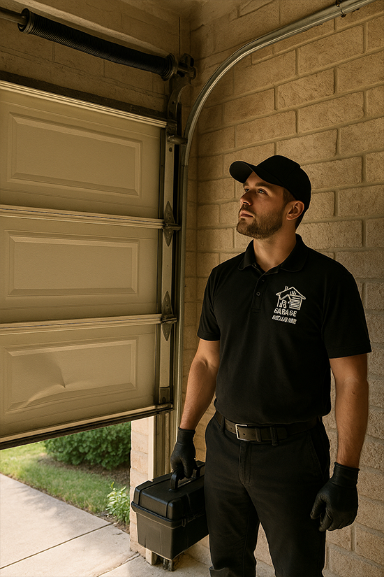 Technician in black uniform beside open garage door with toolbox