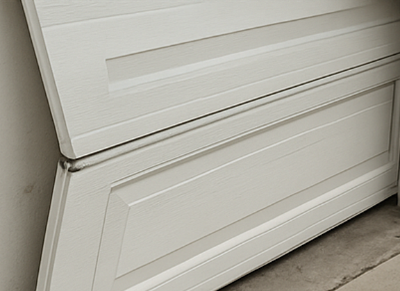 Bent garage door panel being inspected for emergency repair in Plano TX