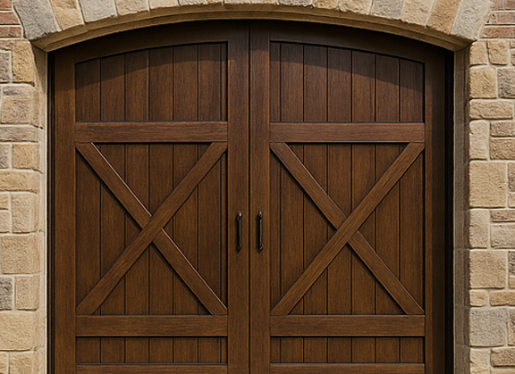 Arched wood garage door with stone frame