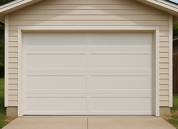 White garage door on vinyl home