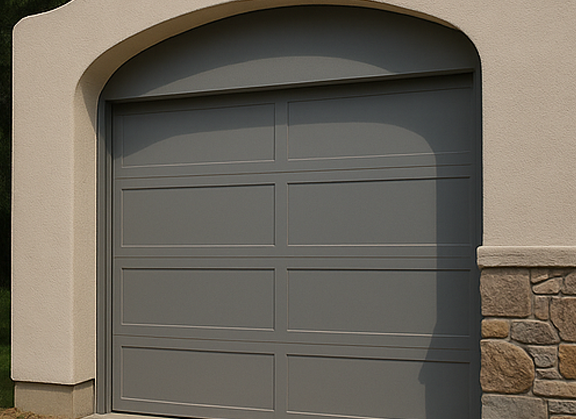 Gray garage door in curved frame