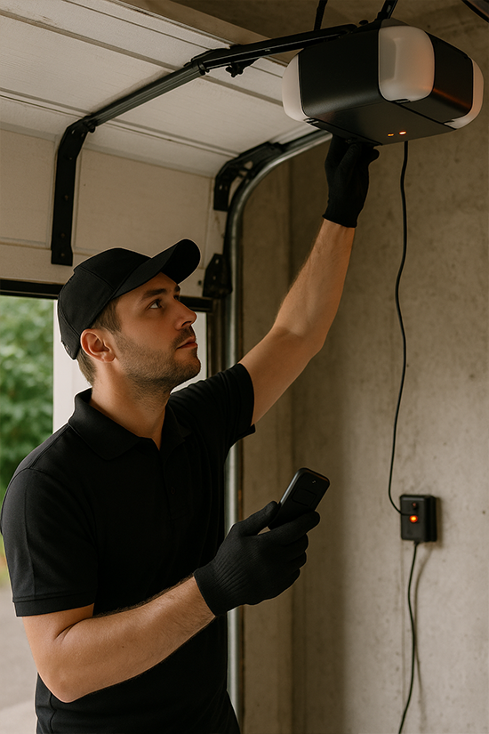 Technician inspecting garage door opener mechanism in black uniform
