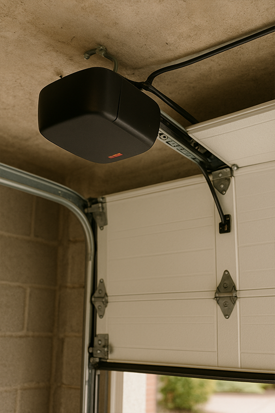 Close-up of a ceiling-mounted garage door opener unit