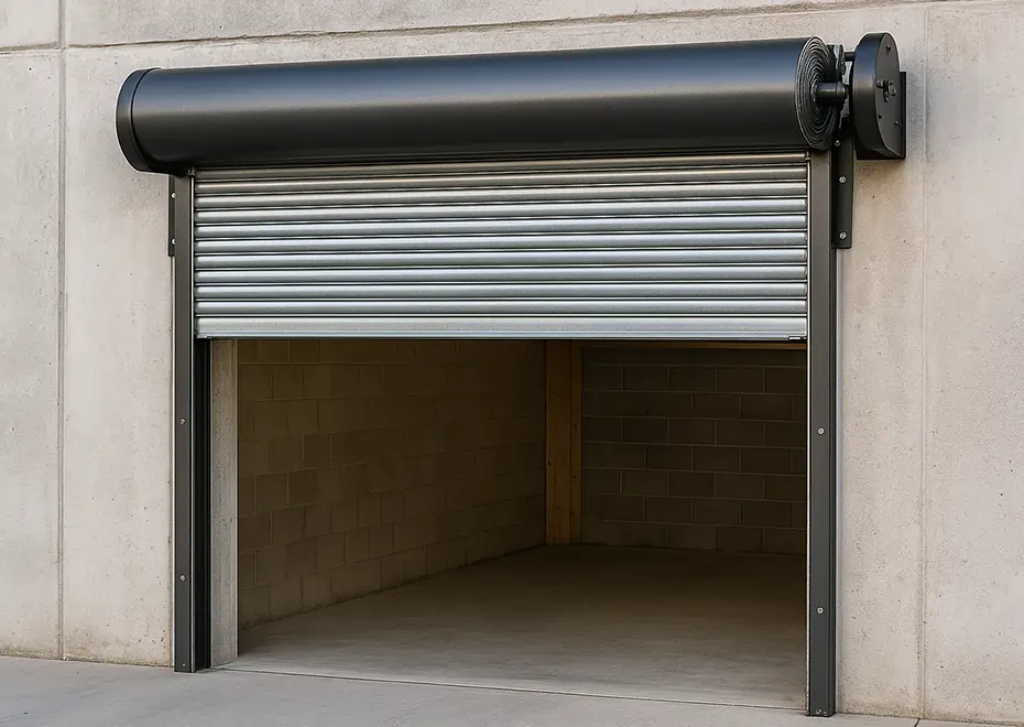 Coiled roll up garage door in concrete wall