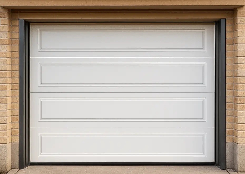White sectional garage door with brick frame