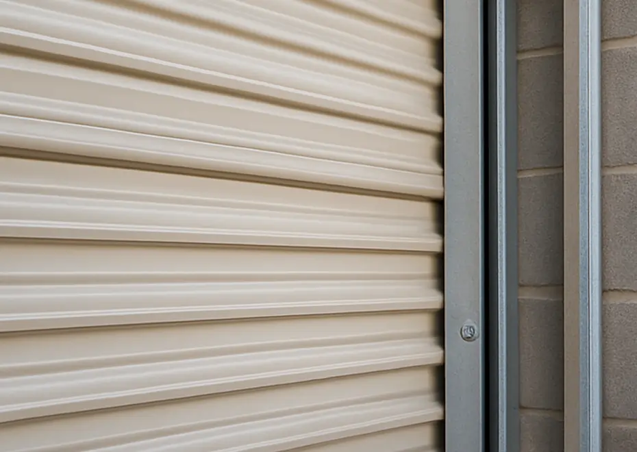 Close-up of beige roll-up garage door slats and metal guide rail
