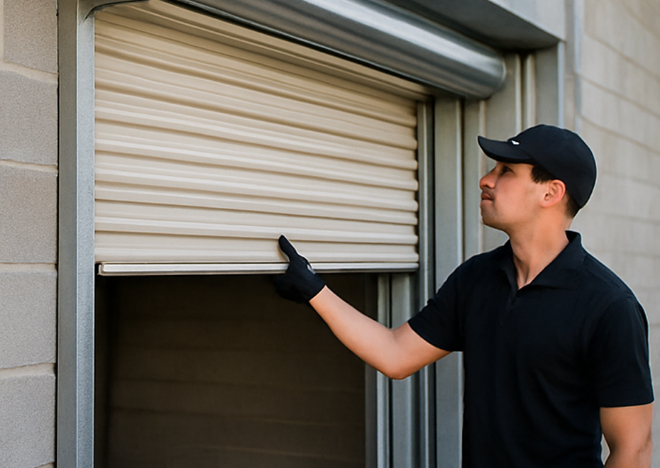 Technician in black uniform examining the lower section of a roll-up garage door