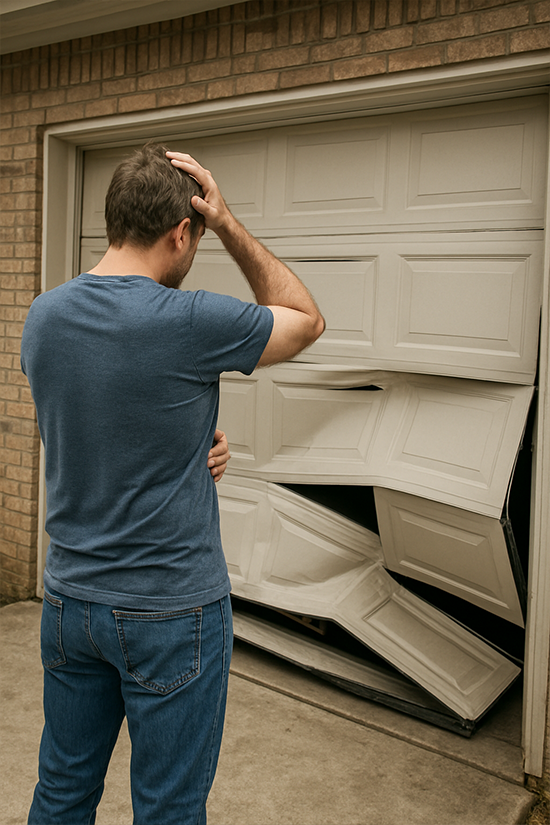 Technician adjusting garage door opener with screwdriver