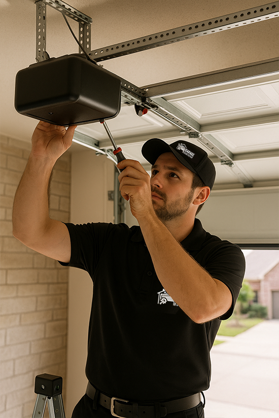 Man in front of broken garage door