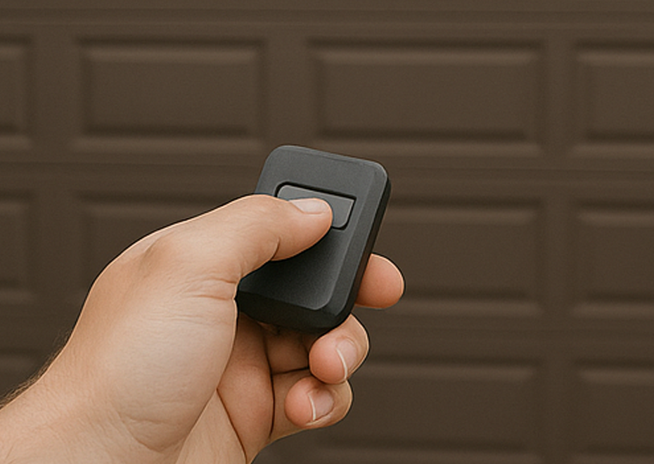 Hand holding a garage door remote in front of a closed brown garage door.