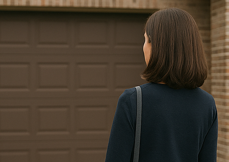 Woman standing near a residential garage door, looking at it thoughtfully