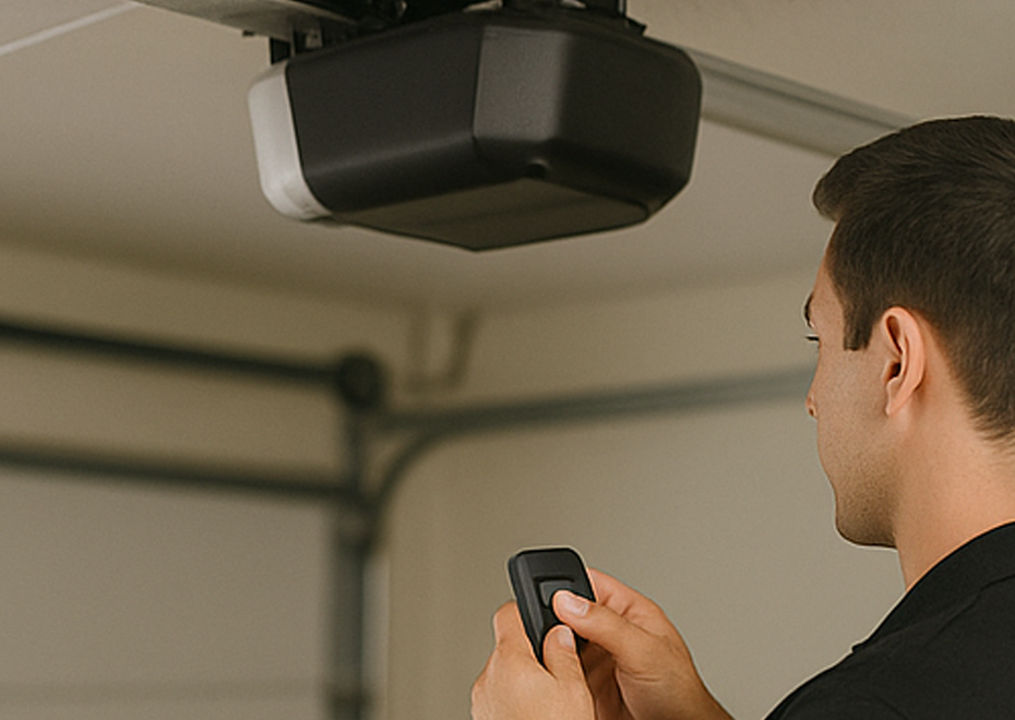 Hand holding a smartphone with a smart garage door control app open.