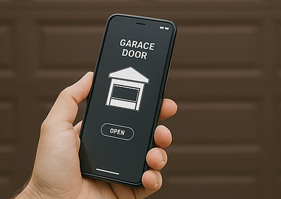 Technician in black uniform programming a replacement garage remote under the opener unit.