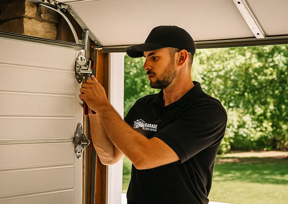 Technician in black uniform installing garage door.