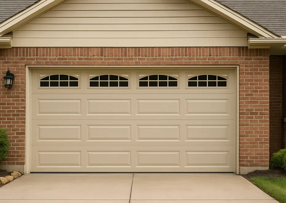 New beige garage door on brick home