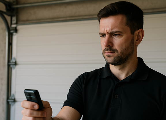 Garage door technician in black uniform inspecting remote control in front of closed white door