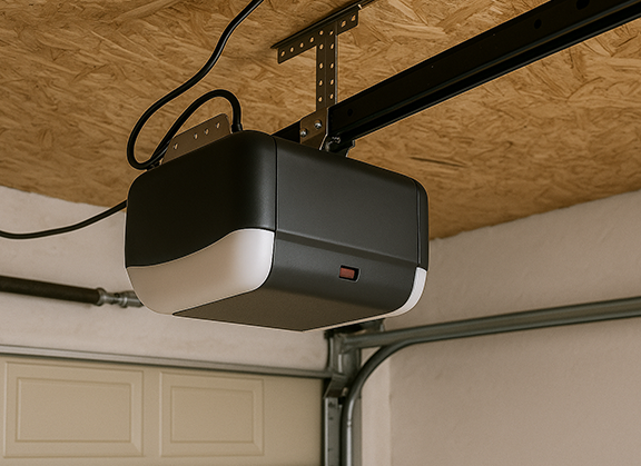 Ceiling-mounted garage door opener with clean setup and rail