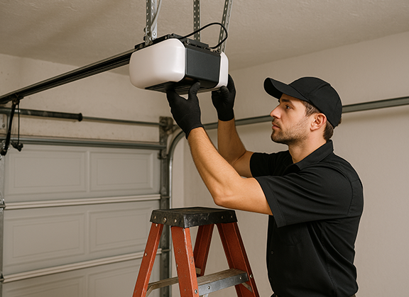 Technician fixing garage door opener