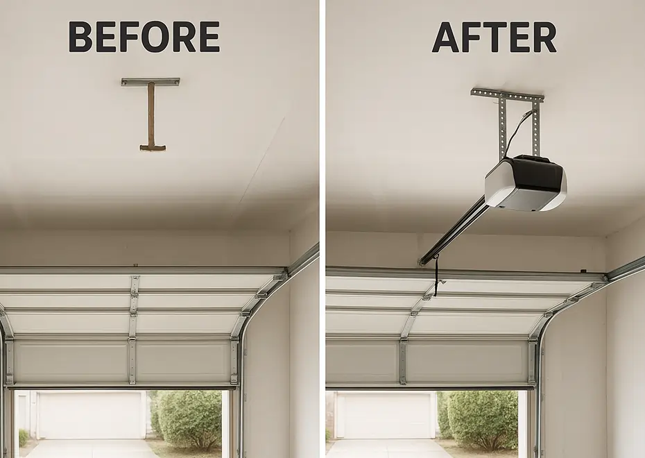 Comparison image showing garage door opener before and after modernization