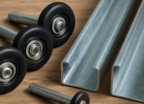 Close-up of garage door rollers and metal tracks on wooden surface