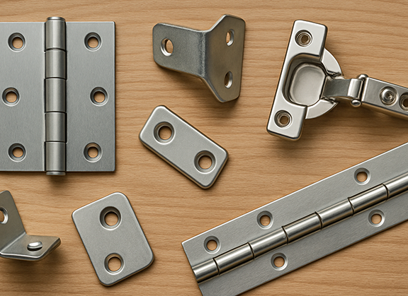 Close-up of metal hinges and brackets on wooden surface