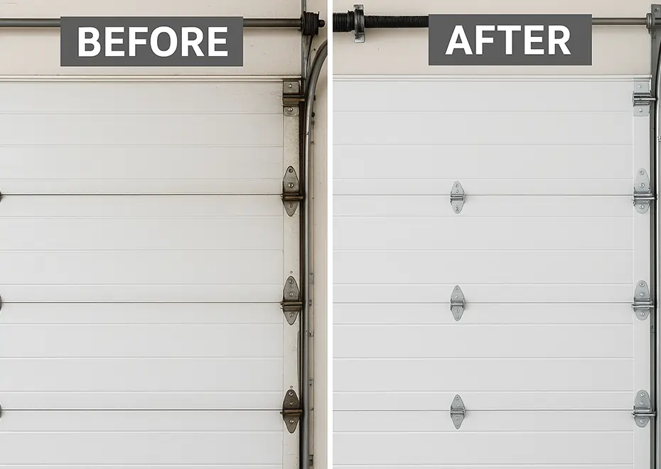 Comparison of old and new garage door parts after repair