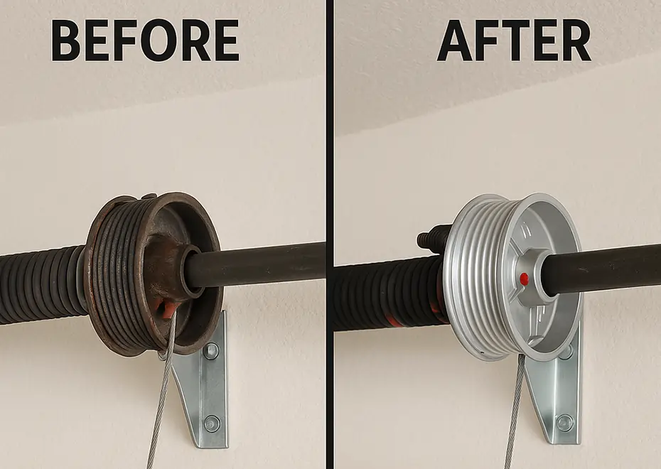 Before and after replacing garage door drum and cable