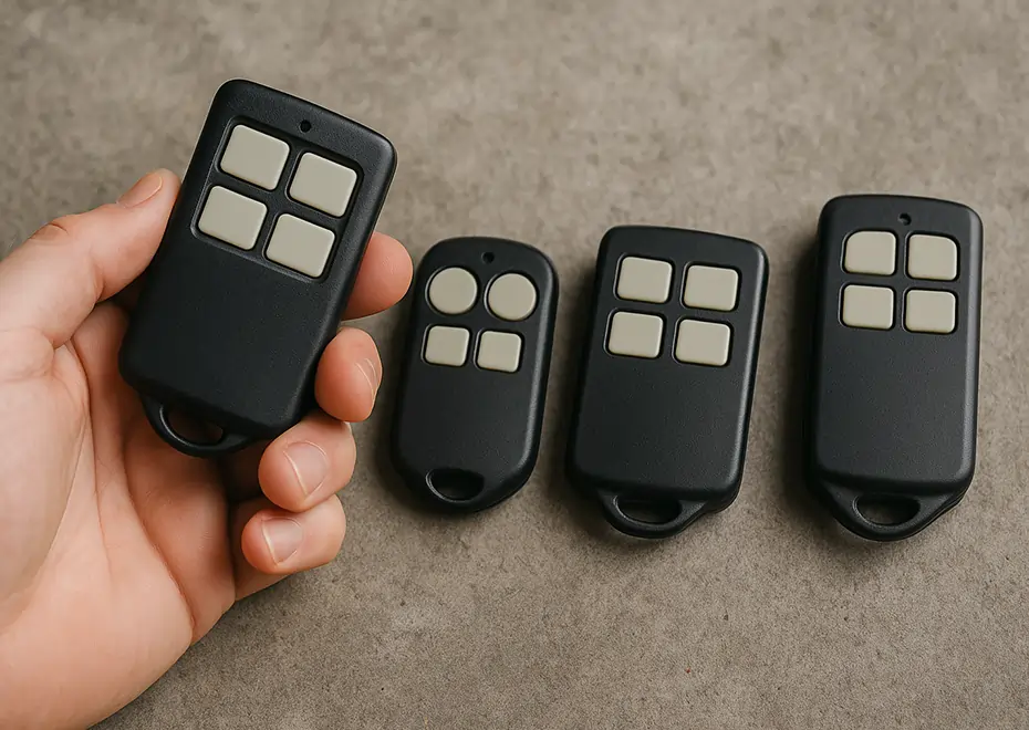 Hand holding garage remote with replacements on concrete surface.