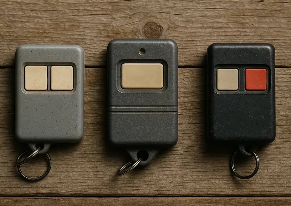 Three outdated garage door remotes on wooden surface
