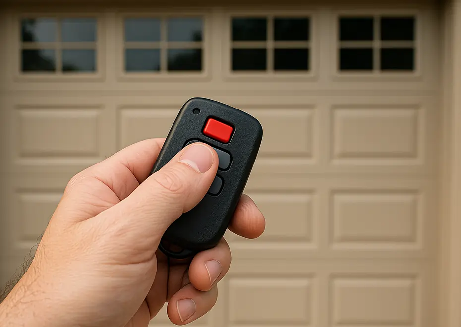 Hand using garage door remote