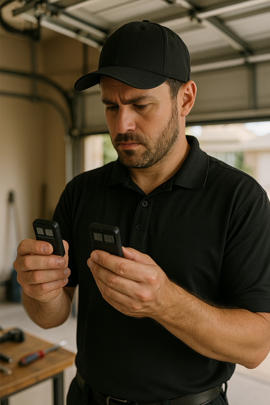 Technician in black uniform with garage remotes