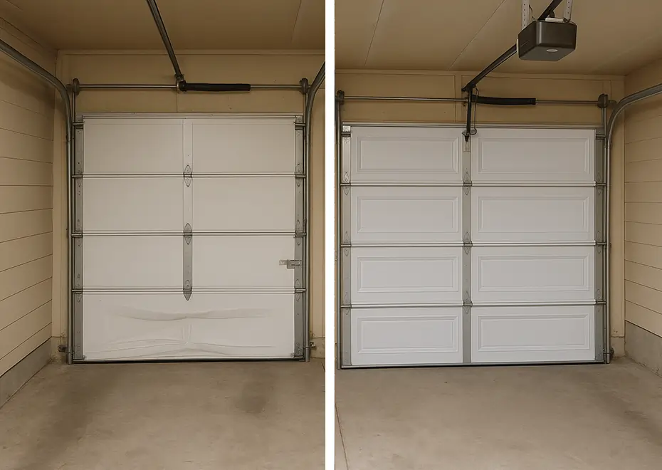 Side-by-side comparison of worn garage door and modern replacement panel
