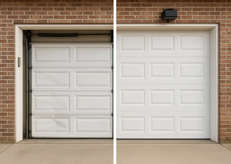 Split image showing repaired garage door versus full replacement door