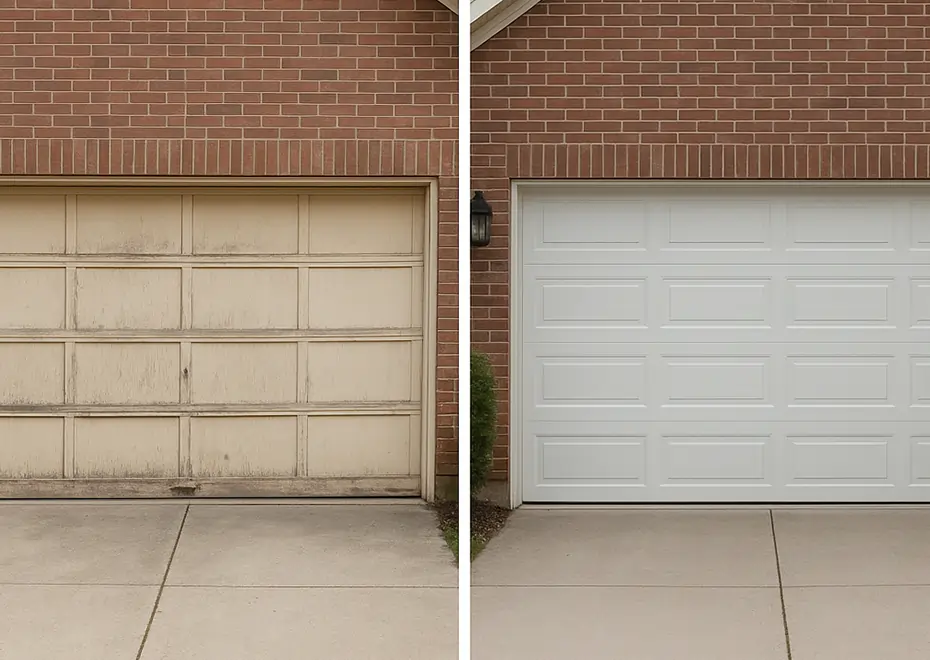 Comparison of old damaged garage door and new installed garage door
