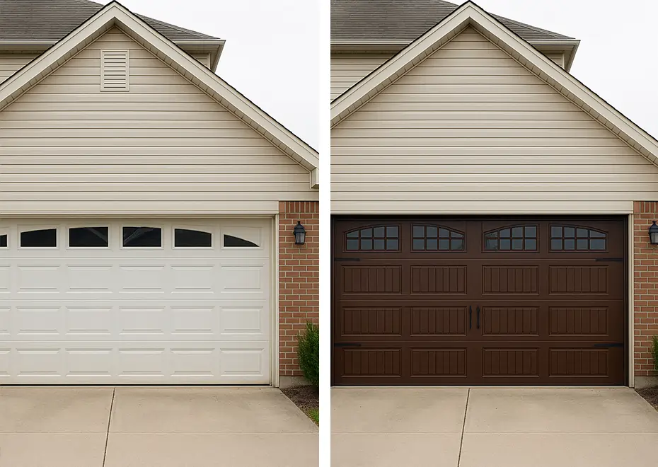 Side-by-side view of garage door replacement showing old vs new