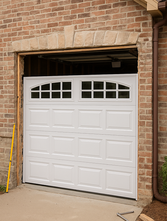 Custom-fitted white garage door in brick opening