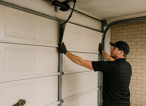 Technician replacing garage door panel without changing opener