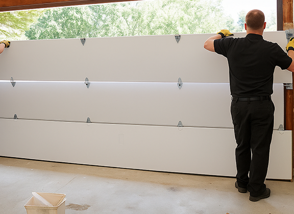 Technicians installing white garage door